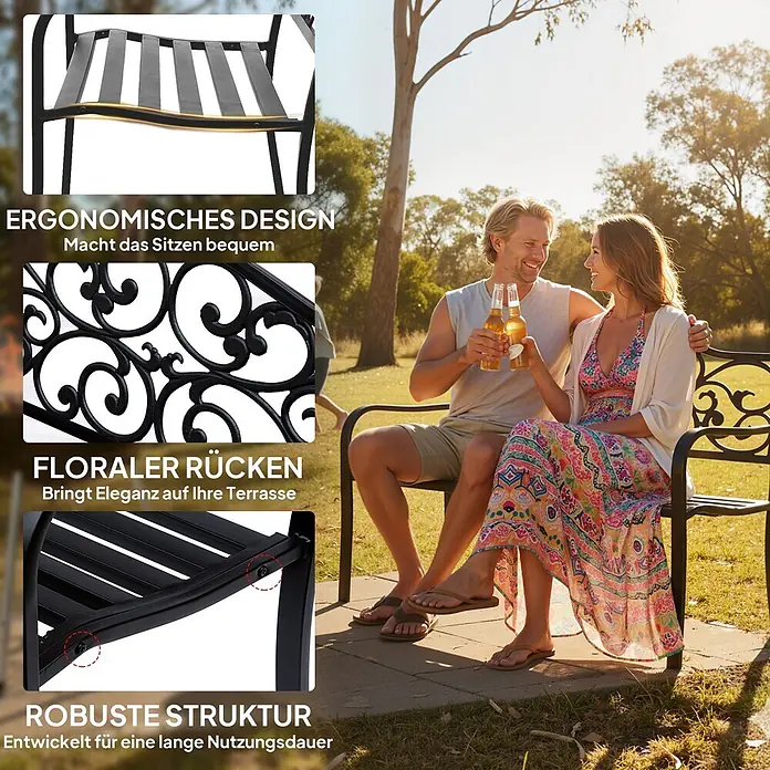 Furnicato Gartenbank Epoxy-Metall - B x T x H: 60 x 127 x 89 cm, Metall, Schwarz - Schwarze Metall-Gartenbank mit ergonomischer, floraler Rückenlehne und robuster Struktur. Ein Paar genießt das Sitzen im Freien.