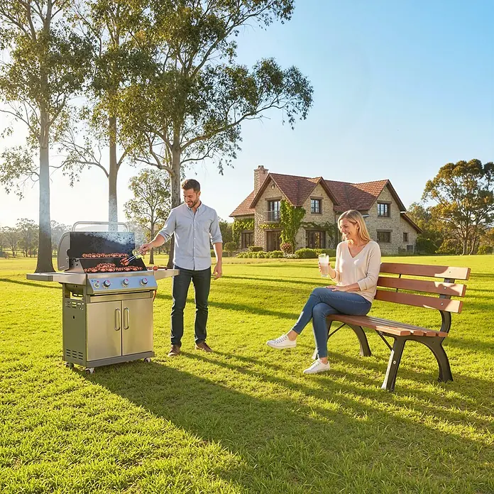 Outsunny Gartenbank - B x T x H: 57 x 57 x 70 cm, Gusseisen, Tannenholz, Kaffee - Gasgrill aus Edelstahl, im Freien von einem Mann zum Grillen von Speisen benutzt, Rauch steigt auf.