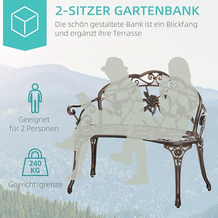 Outsunny Gartenbank - Gussaluminium, Gusseisen, Bronze - Verzierte bronzefarbene 2-Sitzer Gartenbank aus Metall mit Rosenmotiv, für zwei Personen und 240 kg Belastung.