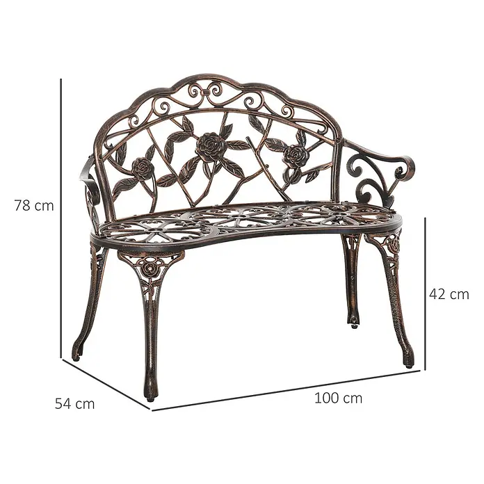 Outsunny Gartenbank - Gussaluminium, Gusseisen, Bronze - Bronzefarbene Metall-Gartenbank mit filigranem Rosenmuster, Maße 100x54x78 cm, Sitzhöhe 42 cm.