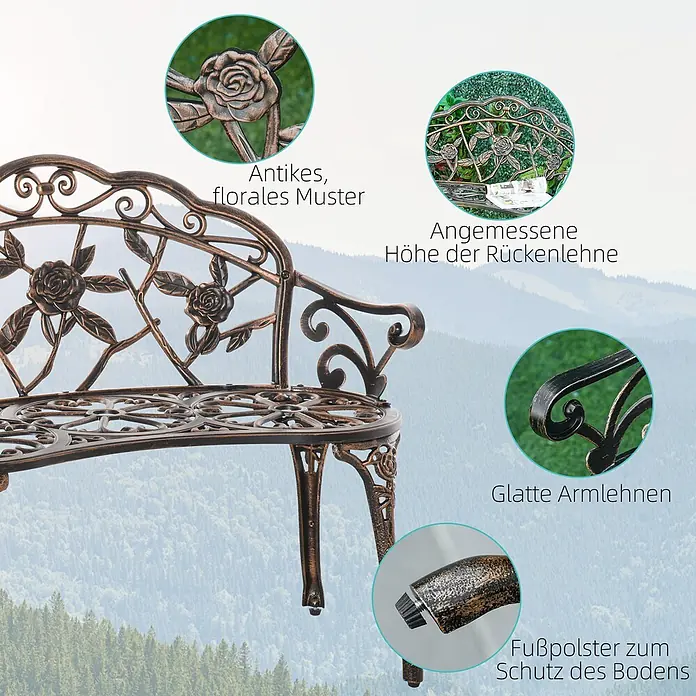 Outsunny Gartenbank - Gussaluminium, Gusseisen, Bronze - Bronze-farbene Gartenbank aus Metall mit antikem Blumenmuster, glatten Armlehnen und Bodenschutz-Fußpolstern.