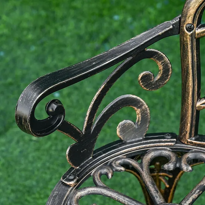 Outsunny Gartenbank - Gussaluminium, Gusseisen, Bronze - Ornamentale dunkle Metallarmlehne mit antikbronze-farbenem Finish und Schnörkeln.