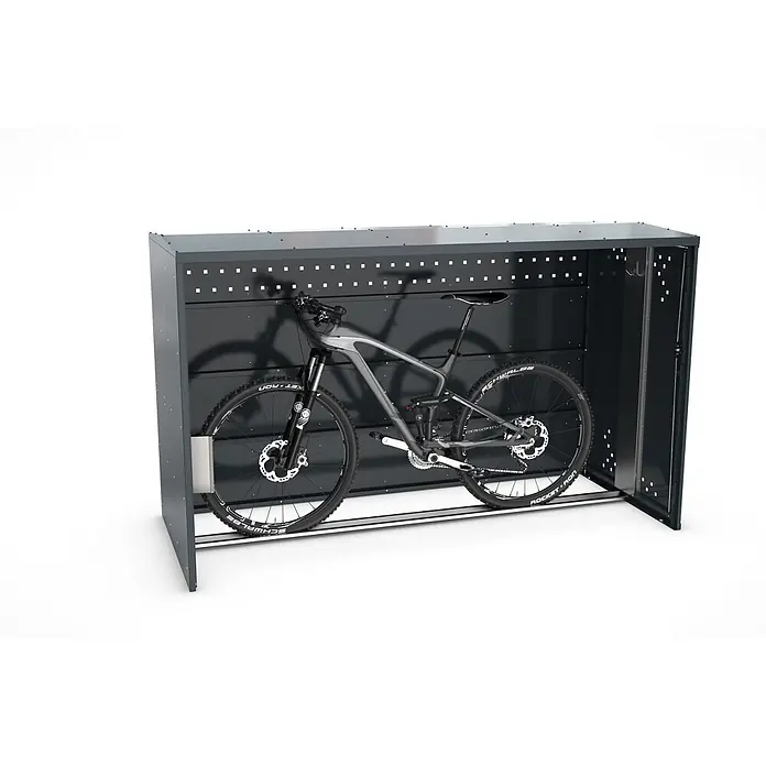 WSM Fahrradgarage BikeBox 1 ID RFID - Anthrazit - Dunkelgraues Metall-Fahrradaufbewahrungsschuppen mit perforierter Rückwand, beherbergt ein graues Mountainbike auf einem Schienensystem.