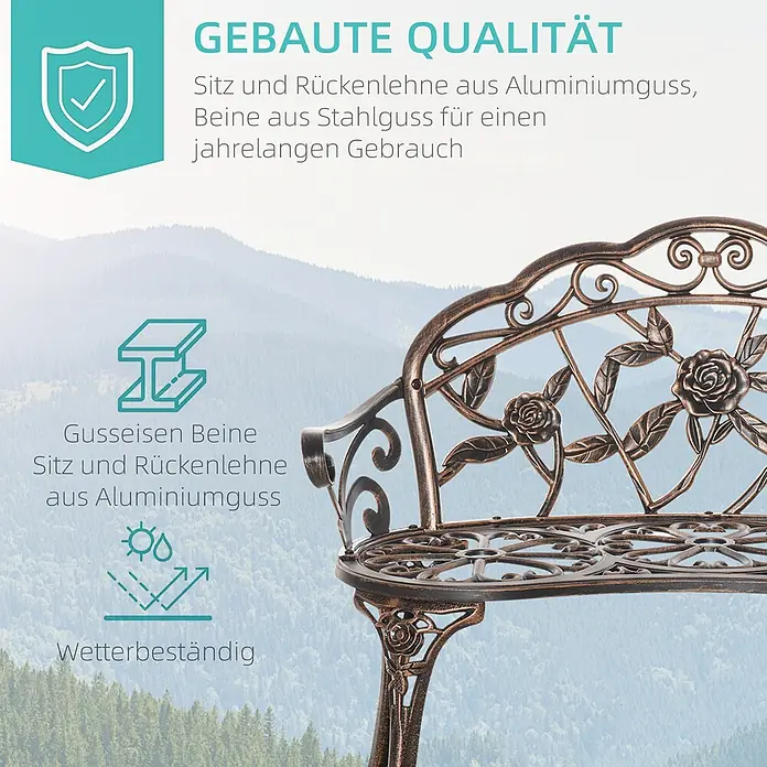 Outsunny Gartenbank - Gussaluminium, Gusseisen, Bronze - Eine bronzefarbene Gartenbank mit Rosenmuster. Sitz/Rückenlehne aus Aluminiumguss, Beine aus Gusseisen, wetterbeständig.