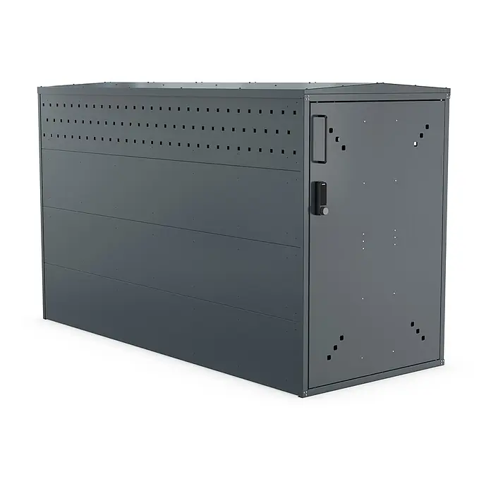 WSM Fahrradgarage BikeBox 1 ID RFID - Anthrazit - Dunkelgrauer Metall-Geräteschuppen mit Lüftungslöchern, Seitentür und Digitalschloss.