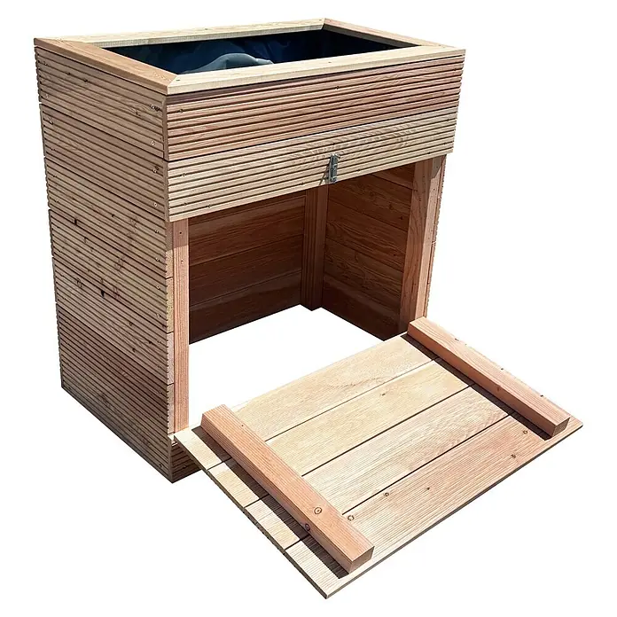 Hochbeet - L x B x H: 100 x 59 x 100 cm, Holz, Braun - Holzpflanzgefäß mit Lattenmuster und offenem Aufbewahrungsfach unten, das seine natürliche Holzoberfläche zeigt.
