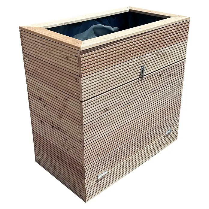 Hochbeet - L x B x H: 100 x 59 x 100 cm, Holz, Braun - Lattenkübel aus hellem Holz mit dunkelblauer Innenfolie.