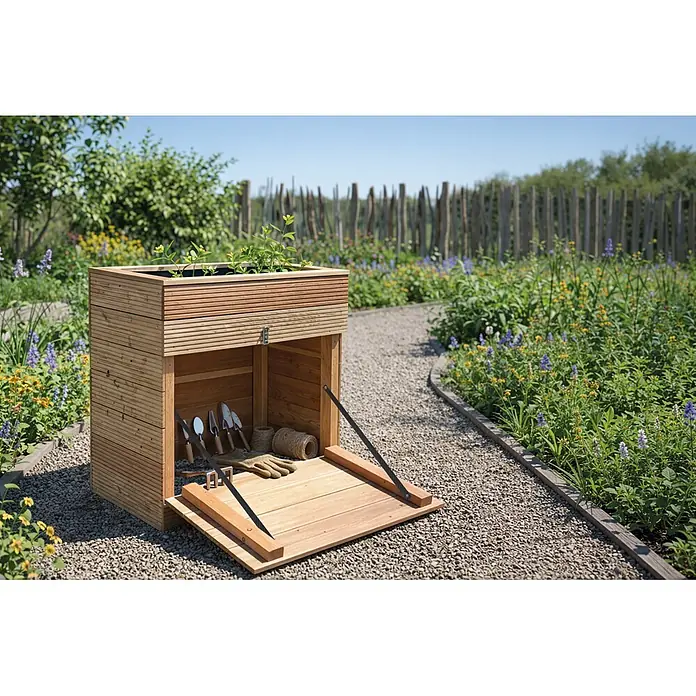 Hochbeet - L x B x H: 100 x 59 x 100 cm, Holz, Braun - Latten-Holzgartenpflanzkasten mit offener Aufbewahrung für Gartengeräte, auf einem Kiesweg.
