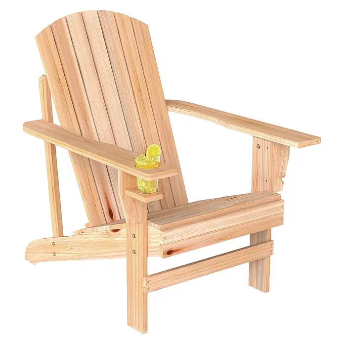 Outsunny Gartenstuhl Adirondack - Tannenholz, Naturfarbend, B x T x H: 95 x 95 x 93 cm - Adirondack-Stuhl aus Naturholz mit gebogener Rückenlehne und Armlehnen, mit integriertem Getränkehalter mit Zitronengetränk.