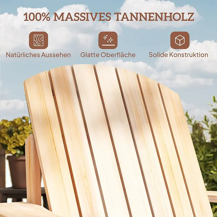 Outsunny Gartenstuhl Adirondack - Tannenholz, Naturfarbend, B x T x H: 95 x 95 x 93 cm - Nahaufnahme eines hellen, glatten Gartenstuhls aus massivem Tannenholz, der sein natürliches Aussehen und seine solide Konstruktion zeigt.