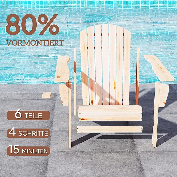 Outsunny Gartenstuhl Adirondack - Tannenholz, Naturfarbend, B x T x H: 95 x 95 x 93 cm - Teilweise montierter Adirondack-Stuhl aus Naturholz am Pool, betont 80% Vormontage und schnellen Aufbau.