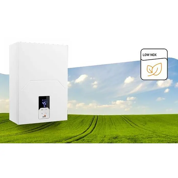 Cointra Calentador estanco CETI - 24 W, Caudal de agua: 12 l/min, Gas butano - Caldera blanca con pantalla digital (45) y distintivo 'LOW NOX', sobre campo verde y cielo azul.