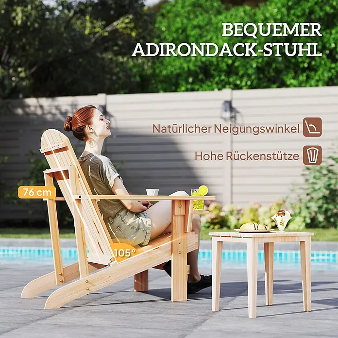 Outsunny Gartenstuhl Adirondack - Tannenholz, Naturfarbend, B x T x H: 95 x 95 x 93 cm - Bequemer Adirondack-Stuhl aus hellem Holz mit Beistelltisch, im Freien von einer Person genutzt. Mit 105° Neigung und 76 cm hoher Rückenlehne.
