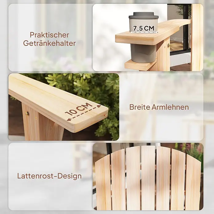 Outsunny Gartenstuhl Adirondack - Tannenholz, Naturfarbend, B x T x H: 95 x 95 x 93 cm - Holz-Adirondack-Sessel mit integriertem Getränkehalter (7,5 cm), 10 cm breiten Armlehnen und Lattenrost-Rückenlehne.