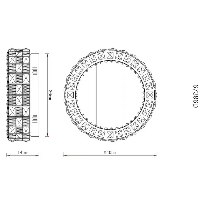 Globo LED-Deckenleuchte Lidia - 24 W - Zirkuläre Deko-Leuchte mit geometrischen Segmenten, ø40cm Durchmesser, 36cm Höhe. Seitenansicht zeigt 14cm Tiefe.