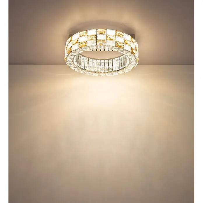 Globo LED-Deckenleuchte Lidia - 24 W - Runde Kristall-Deckenleuchte mit klaren und bernsteinfarbenen Kristallen, die ein warmes Licht nach unten wirft.