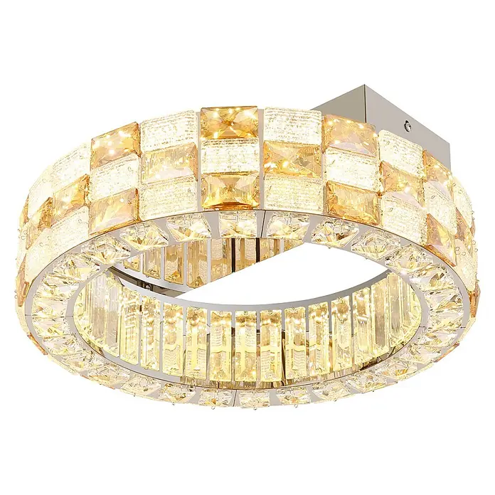 Globo LED-Deckenleuchte Lidia - 24 W - Runder Kronleuchter mit hellen, goldenen Kristallelementen und einem silbernen Metallrahmen.