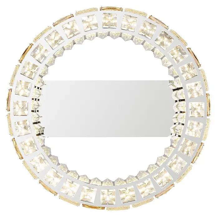 Globo LED-Deckenleuchte Lidia - 24 W - Runder beleuchteter Spiegel mit klaren quadratischen Kristallakzenten und Golddetails.