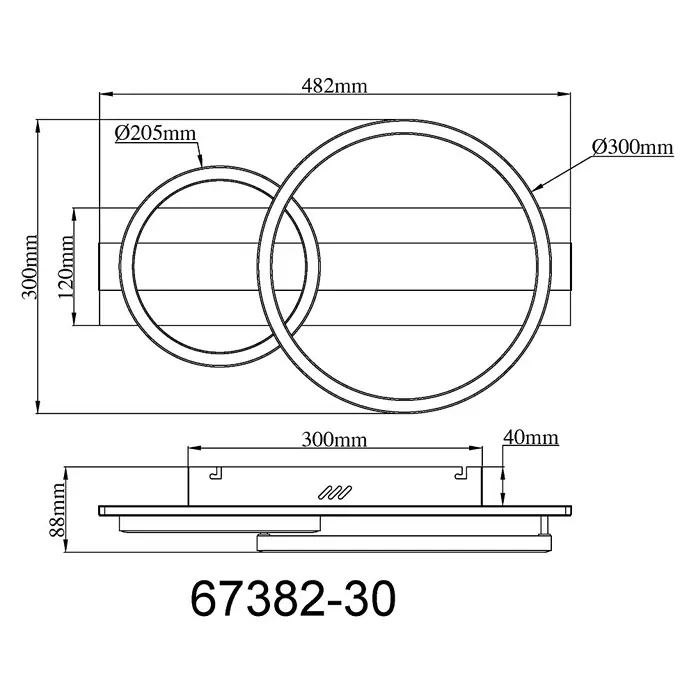 Globo LED-Deckenleuchte Norberto - 30 W, L x B x H: 482 x 300 x 88 mm - Technische Zeichnung einer modernen LED-Leuchte mit zwei ineinandergreifenden Ringen, 482x300x88mm.