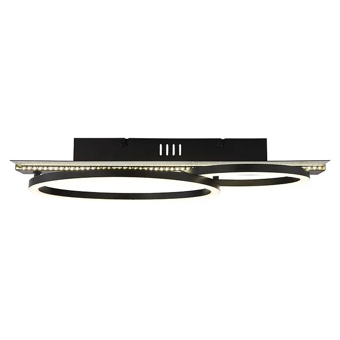Globo LED-Deckenleuchte Norberto - 30 W, L x B x H: 482 x 300 x 88 mm - Moderne schwarze Deckenleuchte mit zwei beleuchteten Ringen und integriertem LED-Streifen auf strukturiertem silbergrauem Gehäuse.