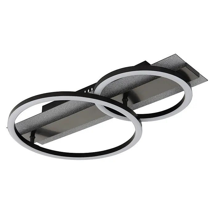 Globo LED-Deckenleuchte Norberto - 30 W, L x B x H: 482 x 300 x 88 mm - Moderne schwarze Deckenleuchte mit ineinandergreifenden weißen LED-Ringen und einer texturierten grauen rechteckigen Basis.