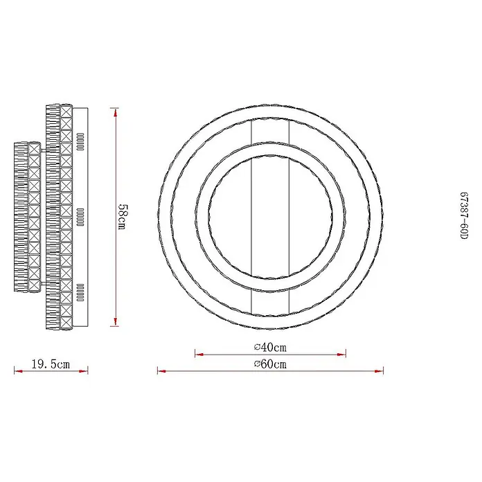 Globo LED-Deckenleuchte Laurel - 60 W, Warmweiß - Technische Zeichnung einer modernen Wanddekoration: zwei strukturierte Vertikalelemente und drei konzentrische Ringe. Max. Breite 60cm, Höhe 58cm.