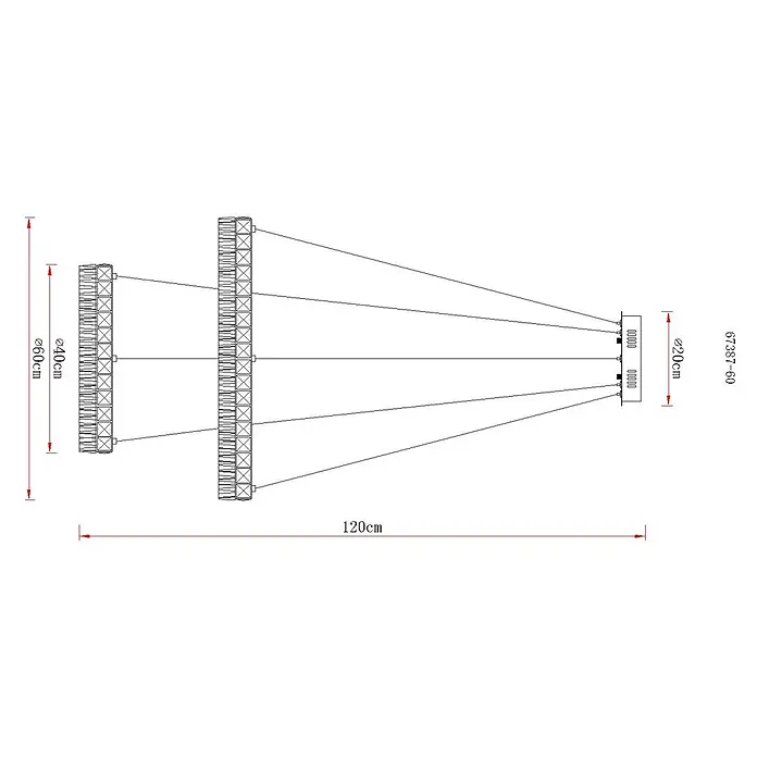 Globo LED-Pendelleuchte rund Laurel - 60 W, Warmweiß - Mehrstufige Hängelampe mit zylindrischen Segmenten, Ø60cm, Ø40cm, Ø20cm, und einer Gesamtlänge von 120cm.