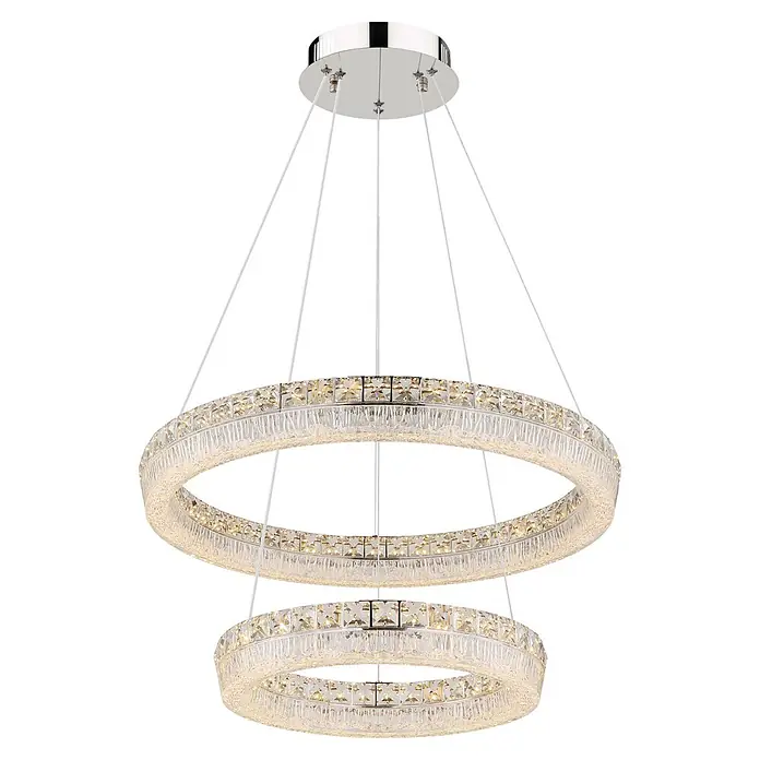 Globo LED-Pendelleuchte rund Laurel - 60 W, Warmweiß - Zweistufiger Kristallring-Kronleuchter mit Chrom-Deckenplatte. Beleuchtete Ringe mit facettierten und texturierten klaren Kristallen.