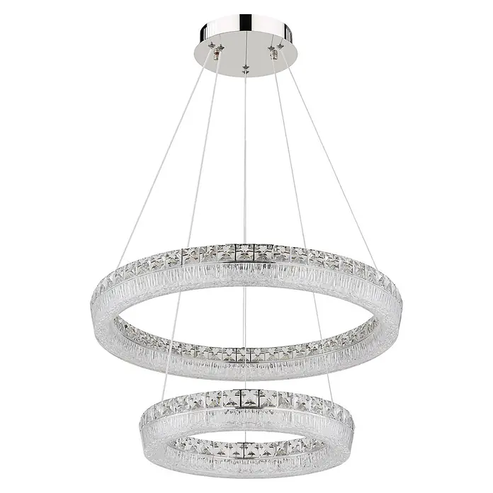 Globo LED-Pendelleuchte rund Laurel - 60 W, Warmweiß - Gestufter Kristallring-Kronleuchter mit verchromter Deckenhalterung.