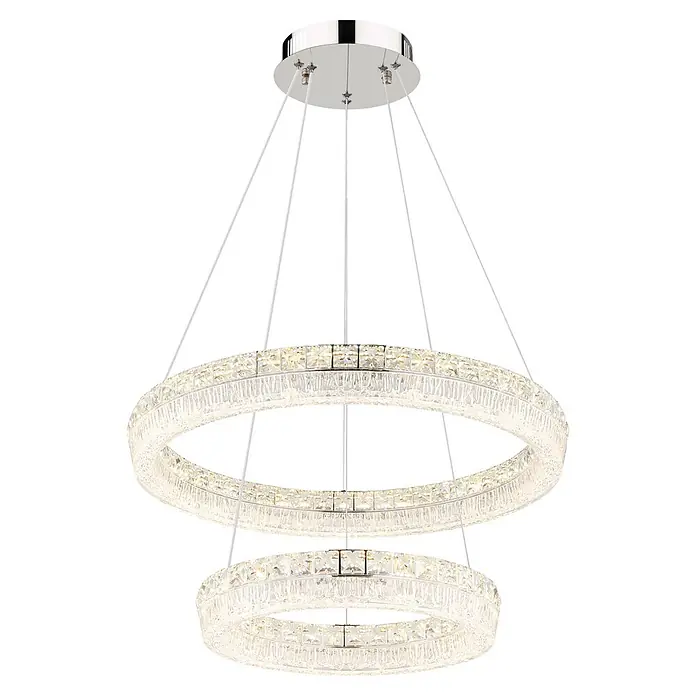 Globo LED-Pendelleuchte rund Laurel - 60 W, Warmweiß - Glitzernder mehrstufiger Kristallring-Kronleuchter mit Chrom-Deckenplatte, mit konzentrischen beleuchteten Ringen.