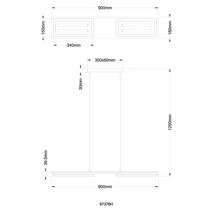 Globo LED-Pendelleuchte rund Bruce - 30 W, Warmweiß - Rechteckige Pendelleuchte, 900mm lang, mit linearen Lichtquellen an Deckenhalterung.