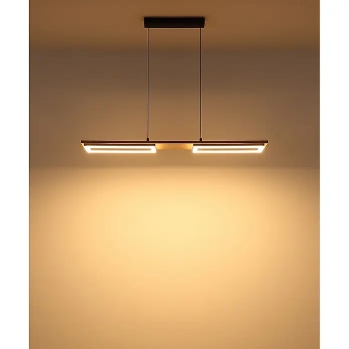 Globo LED-Pendelleuchte rund Bruce - 30 W, Warmweiß - Moderne schwarze und goldene lineare Pendelleuchte mit zwei beleuchteten Rechtecksegmenten, hängt von der Decke und wirft ein warmes Licht.