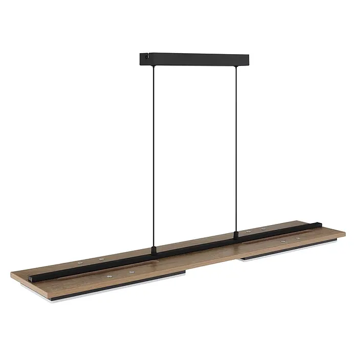 Globo LED-Pendelleuchte rund Bruce - 30 W, Warmweiß - Lineare Pendelleuchte mit schwarzem Oberteil und heller Holzoptik-Basis, aufgehängt an zwei schwarzen Kabeln.