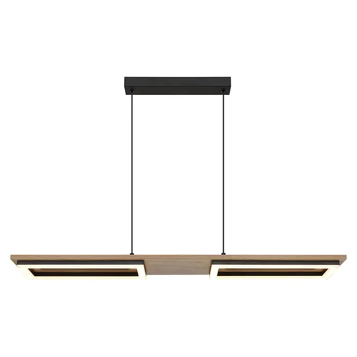 Globo LED-Pendelleuchte rund Bruce - 30 W, Warmweiß - Moderne lineare Hängelampe mit hellem Holzbalken und integrierten LEDs, an schwarzen Kabeln aufgehängt.