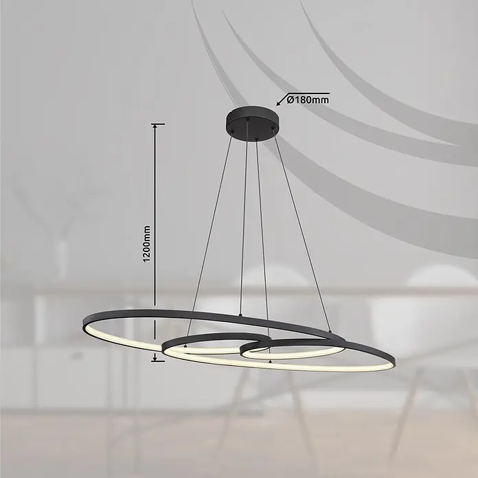 Globo LED-Pendelleuchte rund Spira - 39 W, Warmweiß - Moderne schwarze LED-Pendelleuchte mit leuchtenden verschlungenen Ovalringen, Gesamtlänge 1200mm.
