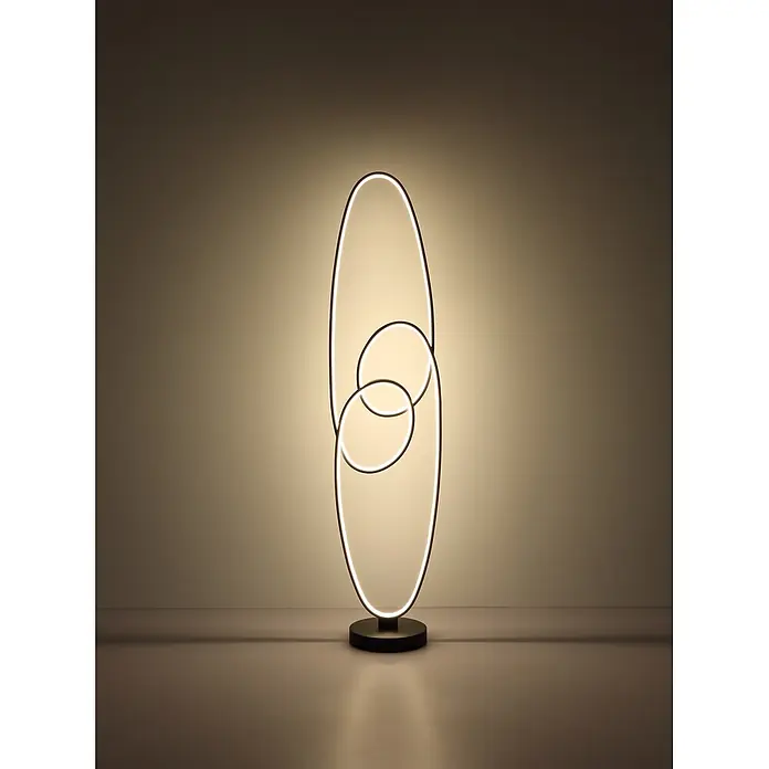 Globo LED-Deckenfluter Spira - 39 W, Höhe: 1.220 mm - Elegante schwarze LED-Stehleuchte mit drei beleuchteten, ineinander verschlungenen ovalen Ringen auf rundem Fuß.