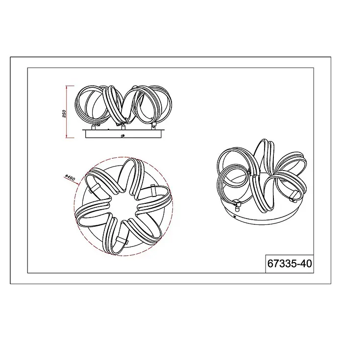 Globo LED-Deckenleuchte Kuni - 35 W - Technische Zeichnung einer runden LED-Deckenleuchte mit wellenförmig verschlungenem Design.