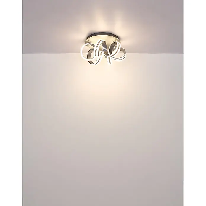 Globo LED-Deckenleuchte Kuni - 37,5 W - Moderne LED-Deckenleuchte mit silbernem Sockel und verschlungenen, beleuchteten Bandelementen, warmweißes Licht.