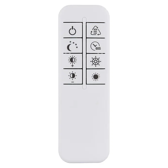 Globo LED-Deckenleuchte Kuni - 37,5 W - Weiße Fernbedienung mit schwarzen Symbolen für Ein/Aus, Lichttemperatur, Helligkeit, Schlafmodus und Timer.