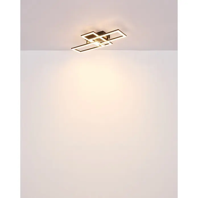 Globo Plafón LED Drew - 20 W, L x An x Al: 61,4 x 19,5 x 9 cm, Negro, Blanco cálido - Lámpara de techo LED moderna en bronce oscuro con marcos rectangulares superpuestos que emiten luz blanca cálida.