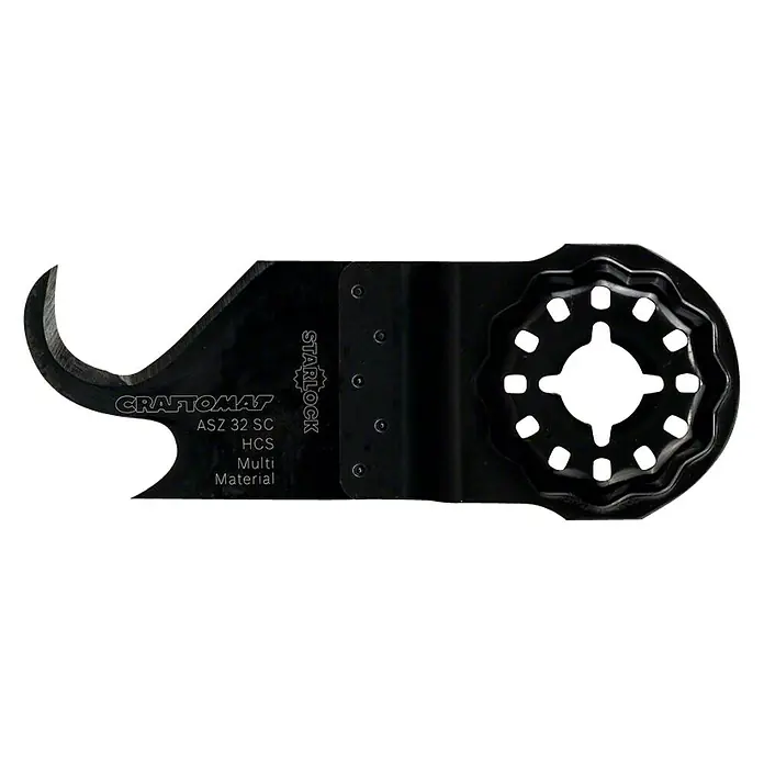 Craftomat Multi-Messer ASZ 32 SC - Geeignet für: Teppichboden, STARLOCK-System - Das Bild zeigt ein Craftomat ASZ 32 SC HCS Multimaterial-Sägeblatt mit Starlock-Aufnahme. Das Sägeblatt ist ideal für verschiedene Materialien.