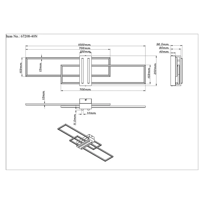Globo LED-Deckenleuchte Dakari - 40 W, L x B x H: 1.000 x 250 x 97 mm - Technisches Zeichnung einer linearen LED-Leuchte mit mehreren Ansichten und Maßen.