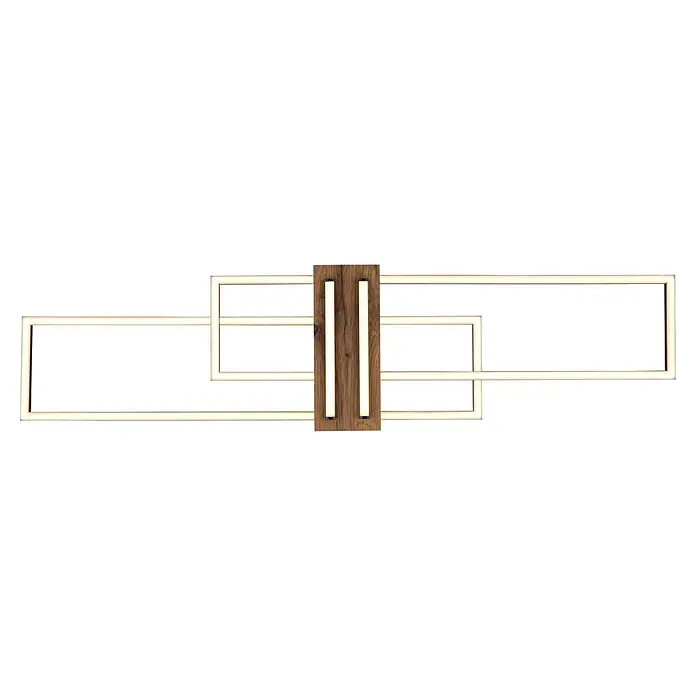 Globo LED-Deckenleuchte Dakari - 40 W, L x B x H: 1.000 x 250 x 97 mm - Moderne Leuchte mit zentraler Holzplatte, linearen Lichtern und drei überlappenden rechteckigen beleuchteten Rahmen.