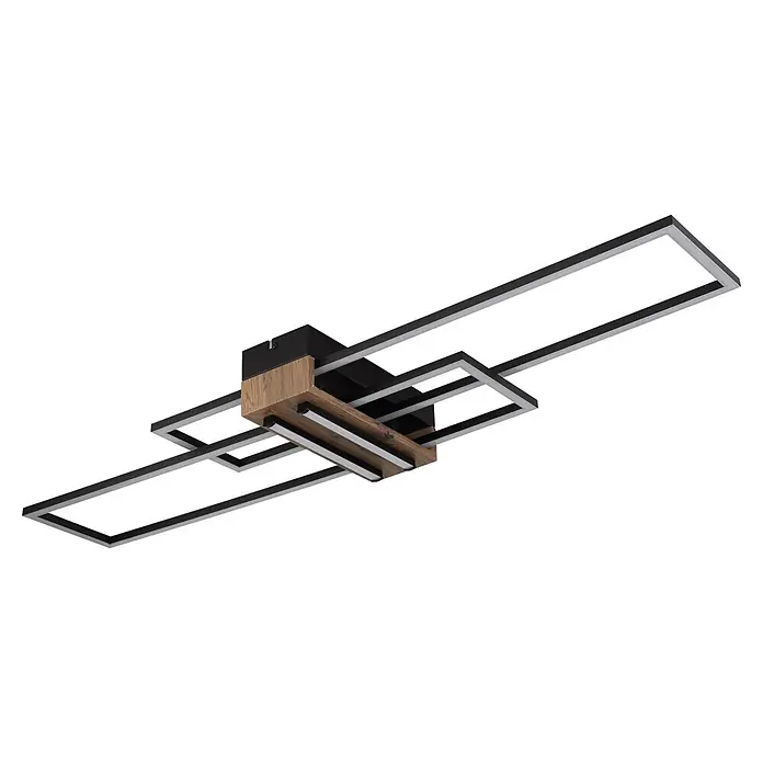 Globo LED-Deckenleuchte Dakari - 40 W, L x B x H: 1.000 x 250 x 97 mm - Moderne Deckenleuchte aus schwarzem Metall und hellem Holz mit rechteckigen Rahmen und weißen LEDs.