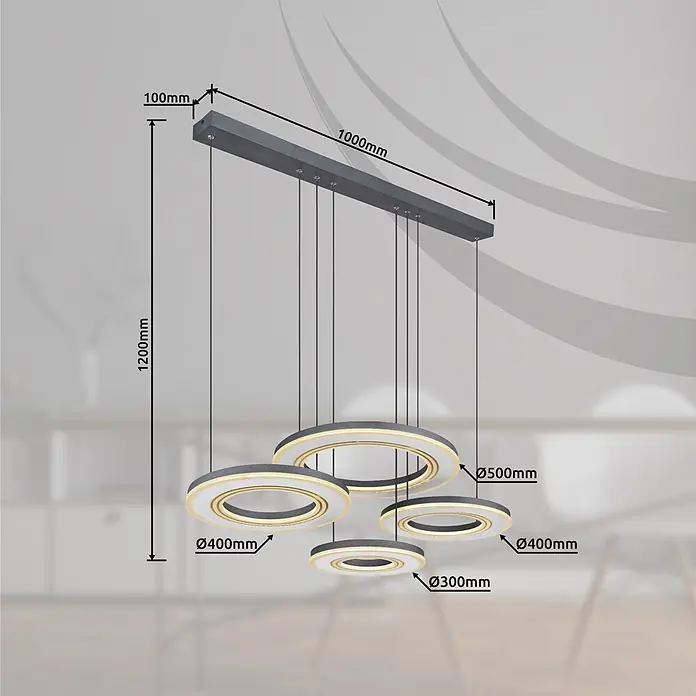 Globo LED-Pendelleuchte Blasius - 80 W, L x B x H: 1.000 x 500 x 1.200 mm - Moderne graue & weiße LED-Pendelleuchte mit mehreren Ringen, rechteckiger Deckenbefestigung und Maßangaben.