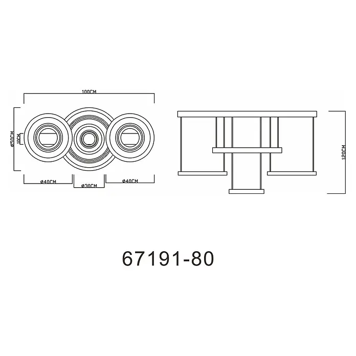 Globo LED-Pendelleuchte Blasius - 80 W, L x B x H: 1.000 x 500 x 1.200 mm - Technisches Diagramm eines Deckenleuchters mit drei verbundenen Ringleuchten, 100cm lang und 120cm hoch. Ringe Ø50cm, Ø40cm, Ø30cm.
