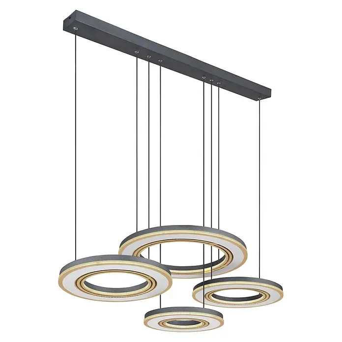 Globo LED-Pendelleuchte Blasius - 80 W, L x B x H: 1.000 x 500 x 1.200 mm - Moderne Deckenleuchte mit dunkelsilbernem linearem Sockel und mehreren hängenden ringförmigen Leuchten mit Gold- und Weißakzenten.