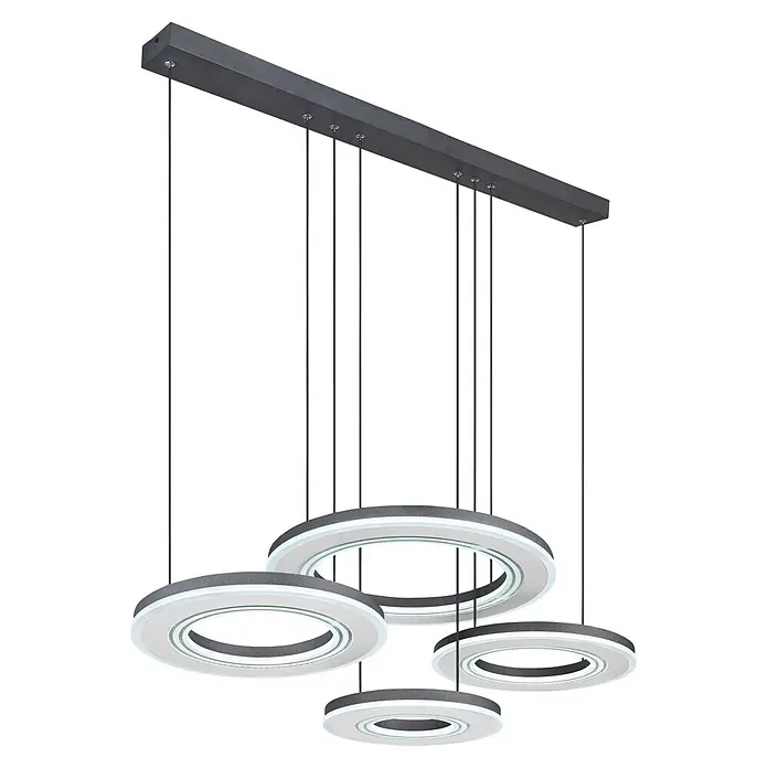 Globo LED-Pendelleuchte Blasius - 80 W, L x B x H: 1.000 x 500 x 1.200 mm - Moderne Pendelleuchte mit dunkelgrauem Linearbalken und mehreren Ringlichtern mit weißen Leuchtelementen.
