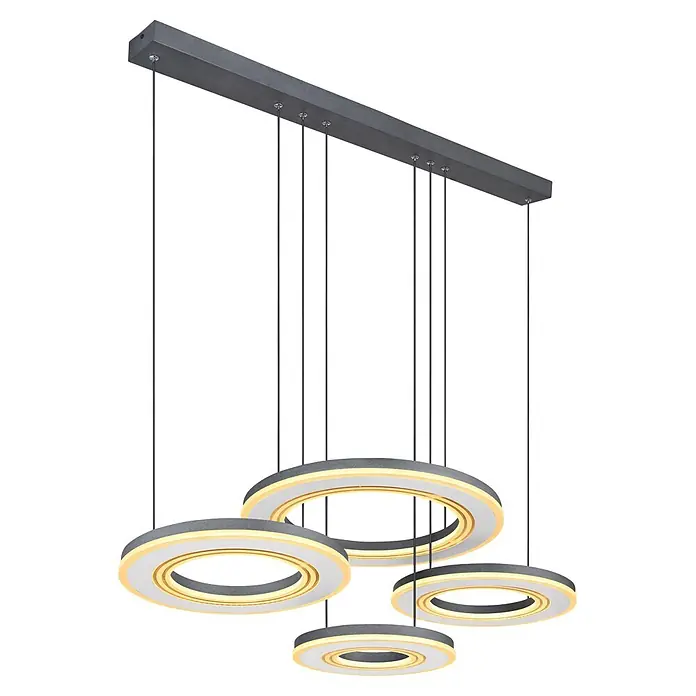 Globo LED-Pendelleuchte Blasius - 80 W, L x B x H: 1.000 x 500 x 1.200 mm - Moderne dunkelgraue LED-Pendelleuchte mit rechteckiger Deckenstange und mehreren beleuchteten Ringen in verschiedenen Größen.