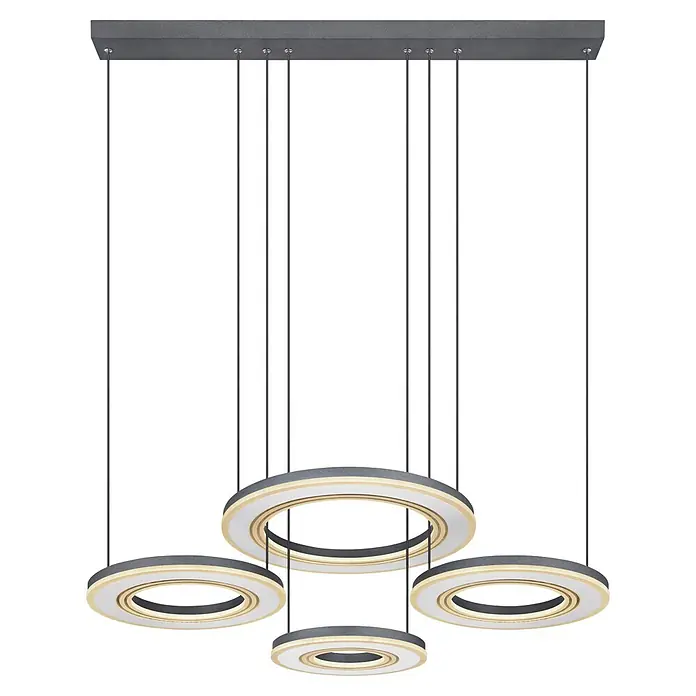 Globo LED-Pendelleuchte Blasius - 80 W, L x B x H: 1.000 x 500 x 1.200 mm - Moderne LED-Hängeleuchte mit vier grau-weißen Ringen und warmem Licht, aufgehängt an einer rechteckigen Basis.
